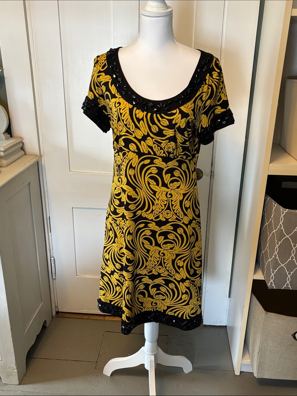 INC Black & Yellow Swirl embellished Scoop-Neck Midi Dress